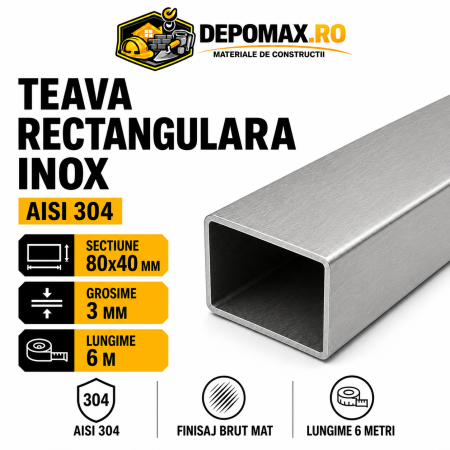 Teava rectangulara inox AISI 304, 80 x 40 x 3 mm, 6 metri